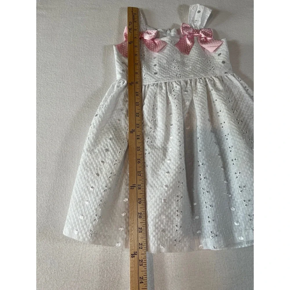 Bonnie Jean Girls White Eyelet Seersucker Dress Pink Bows 4T